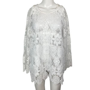 Anne Klein Sweater Womens Sz S White Crochet Lace Round Neck‎ Tunic Pullover